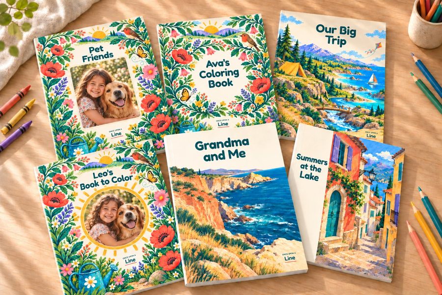 Six custom coloring books in the illustrated covers, each with its own words: Pet Friends, Ava's Coloring Book, Leo's Book to Color, Our Big Trip, Grandma and Me, and Summers at the Lake