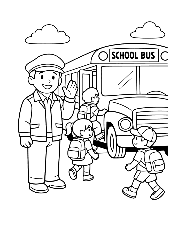 The free back-to-school coloring page: a smiling bus driver waving beside a school bus while three children in backpacks climb aboard, drawn in bold black outlines on white.