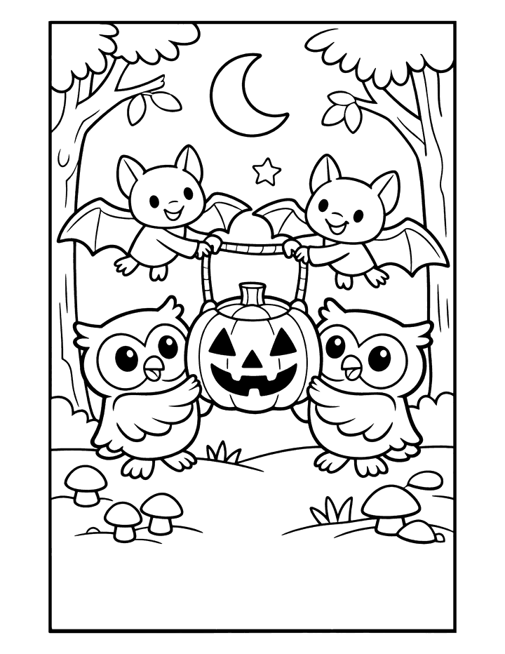 Page two: two owls holding a jack-o’-lantern bucket while two bats carry its handle, in a moonlit wood.