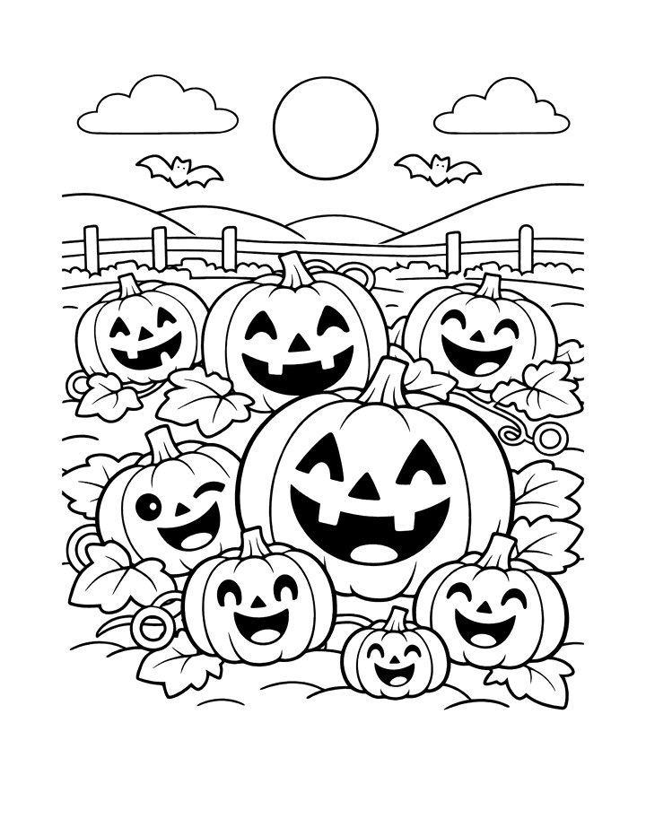 Page three: a pumpkin patch full of smiling jack-o’-lanterns under a full moon, with bats overhead.