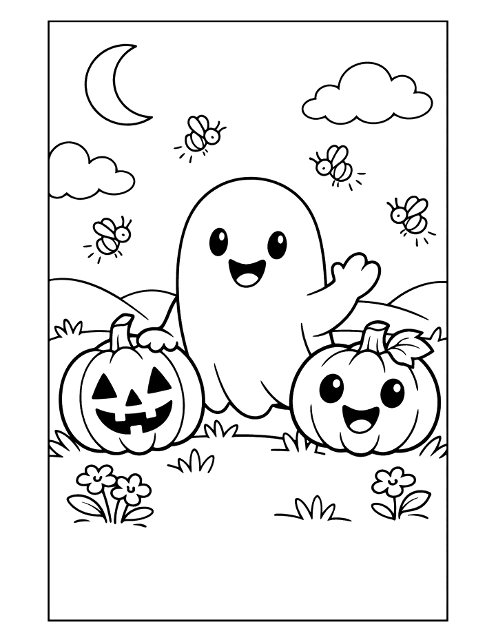 The first of three free Halloween coloring pages: a smiling ghost waving between two jack-o’-lanterns under a crescent moon, drawn in bold black outlines ready to color.